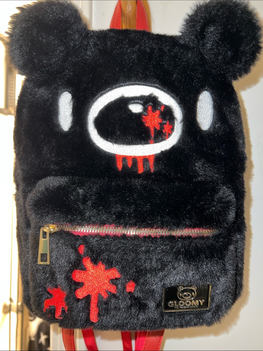 Gloomy Black Plush Kids Backpack with Red Accent Embroidery